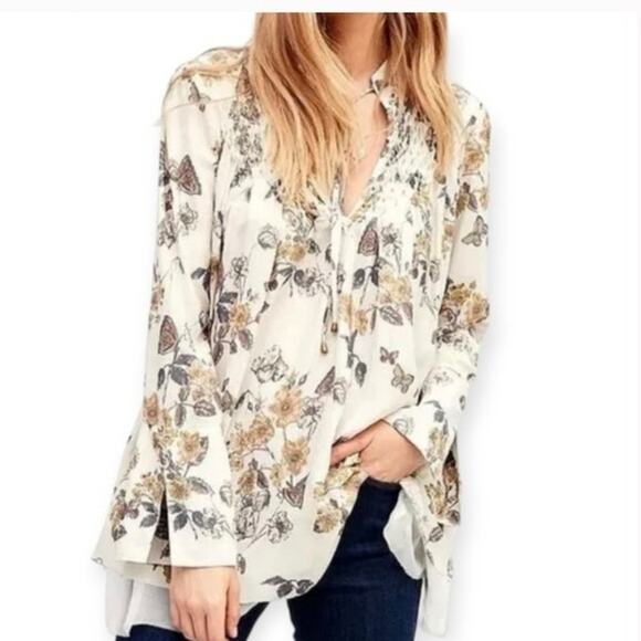 Free People Pebble Crepe So Fine Boho Flowy Raw Hem Top Blouse Tunic‎ Sz M - Picture 1 of 15